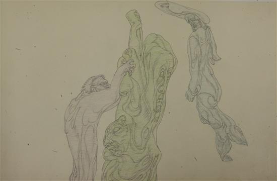 § Austin Osman Spare (1888-1956) Nude figure and multi-faced form with another figure ascending 8 x 13in. unframed